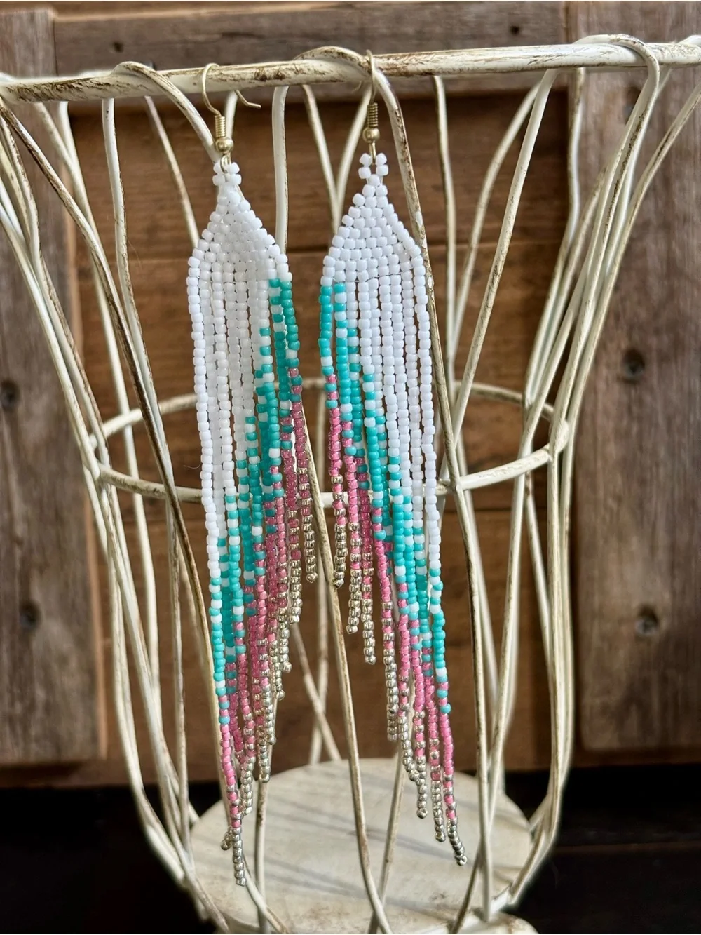 White Turquoise Pink Gold Long Fringe Beaded Earrings Cowgirl Boho Festival Wear